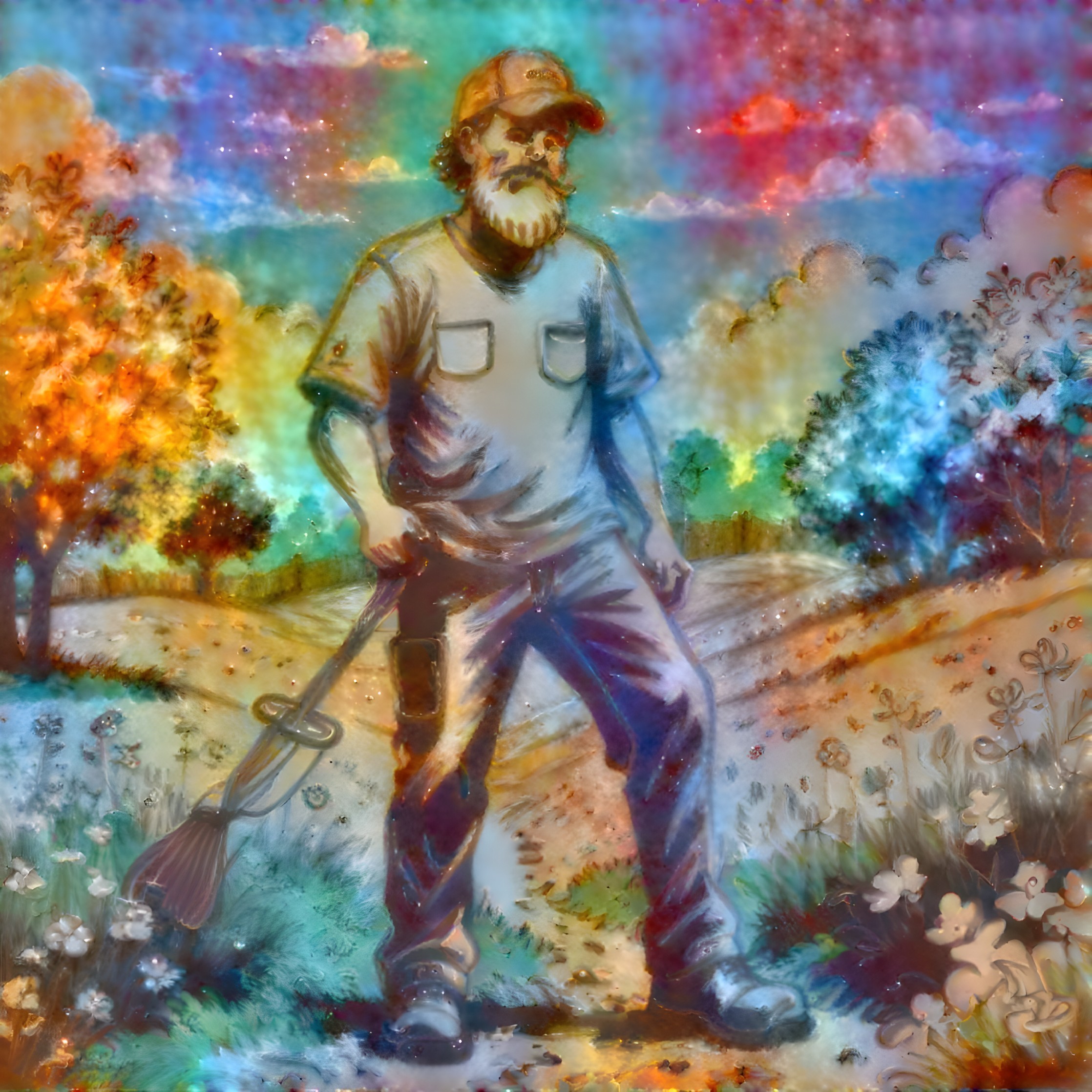 Wanderer with Metal Detector in Colorful Landscape