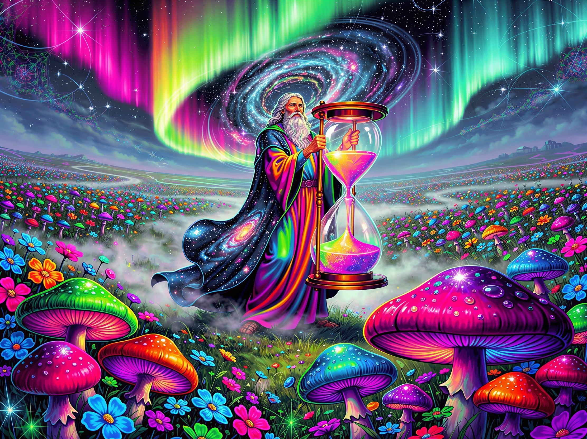 Psychedelic Wizard in a Colorful Mushroom Field