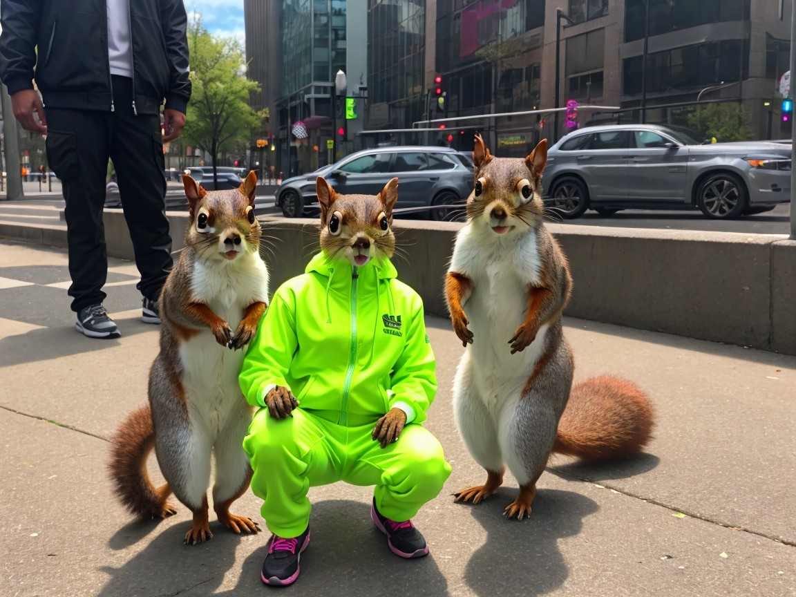 Photorealistic Squirrels in Urban Street Scene