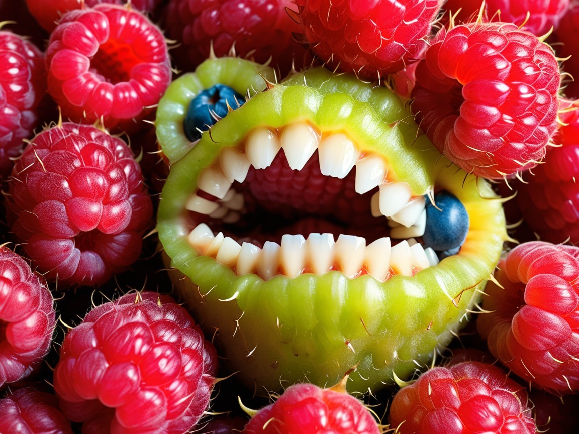 Whimsical Fruit Scene with Green Mouth and Raspberries