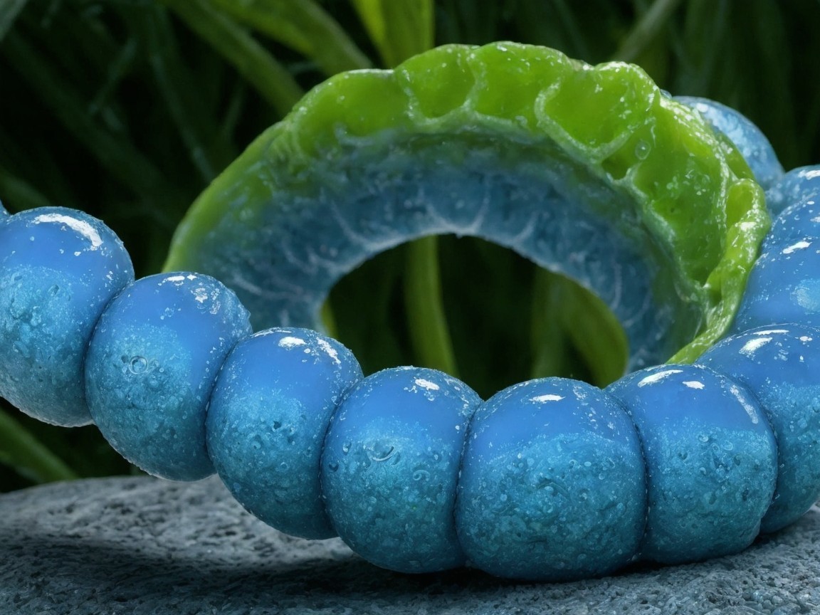 Macro Image of Blue Beads with Green Organic Structure