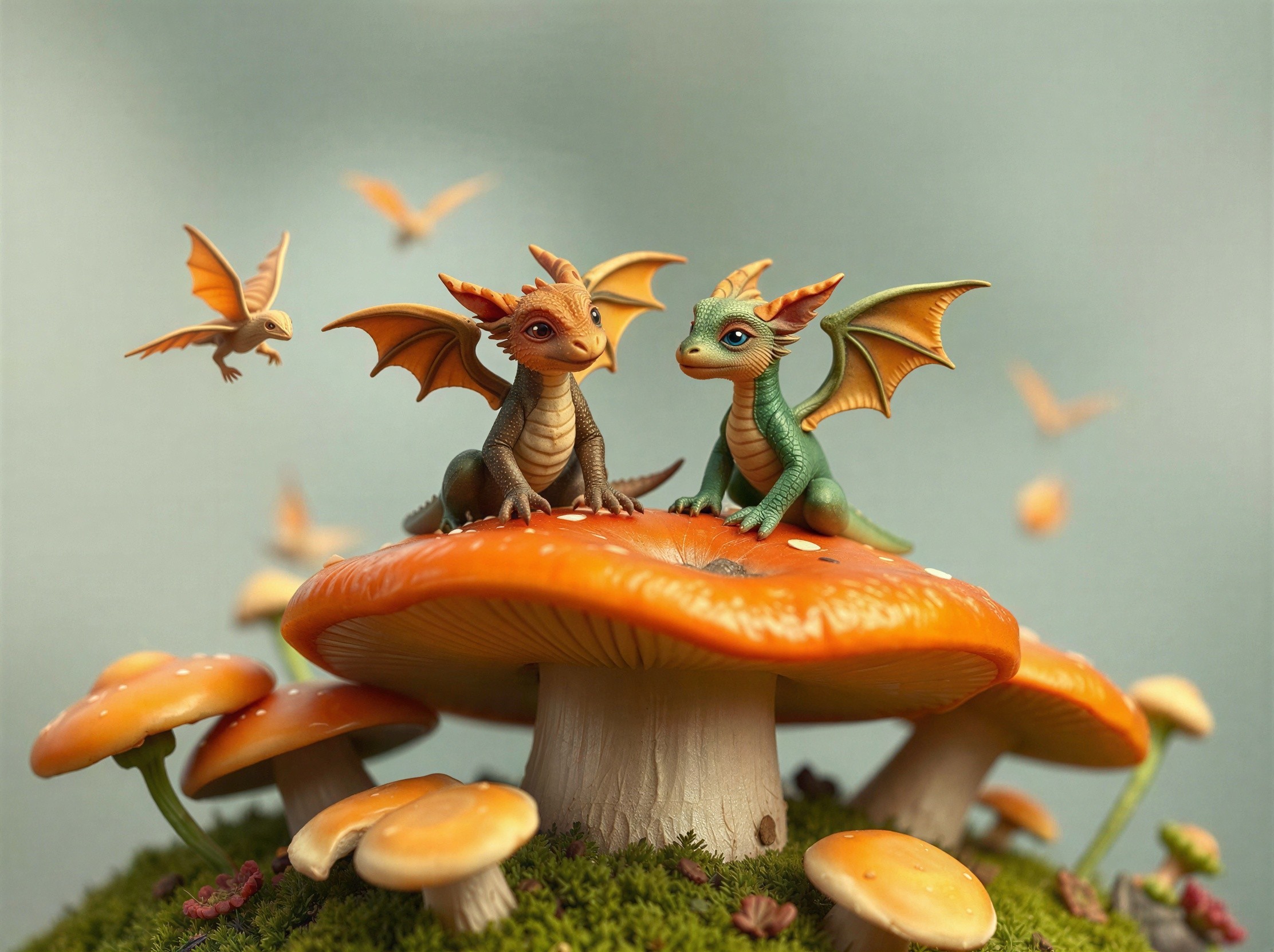 Baby Dragons on Orange Mushroom in Enchanting Forest