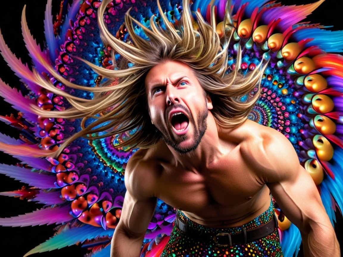 Muscular Man with Long Hair in Colorful Fractal Background