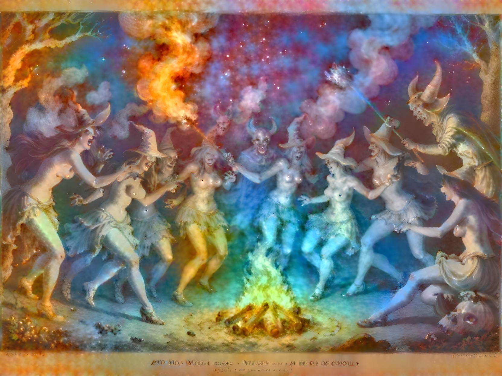 Witches Dancing Around a Vibrant Campfire at Night