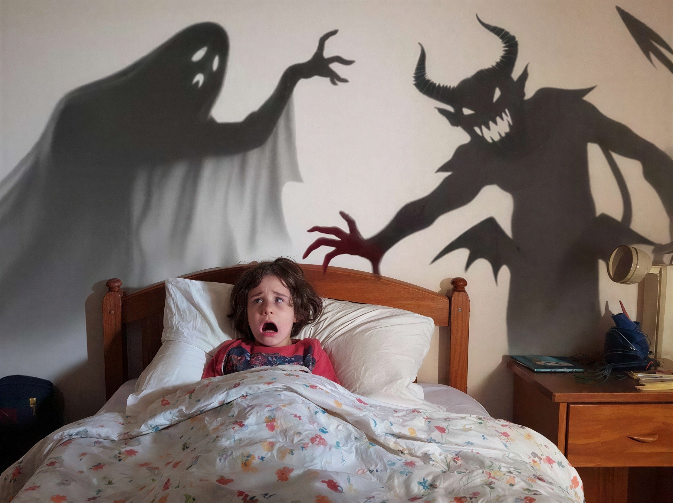 Child in Bed with Shadows of Ghost and Demon Figures