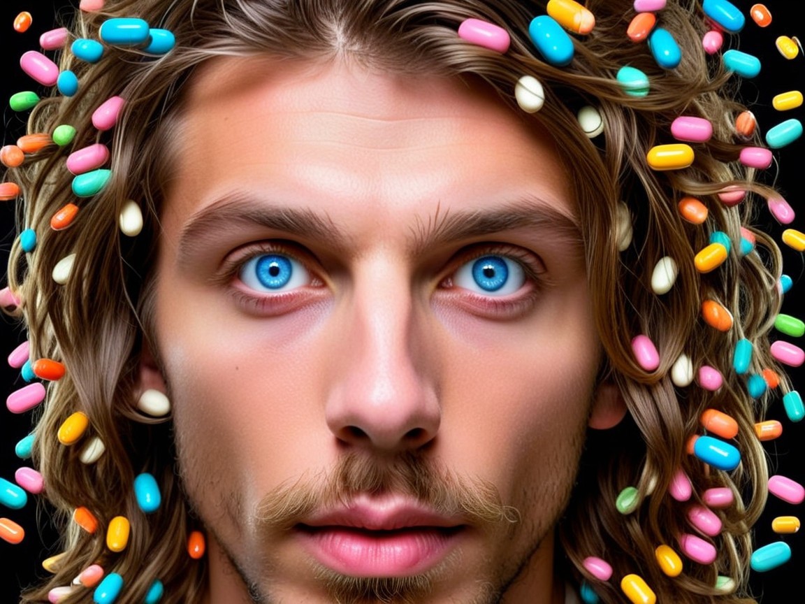 Close-up Portrait of Young Man with Colorful Pills
