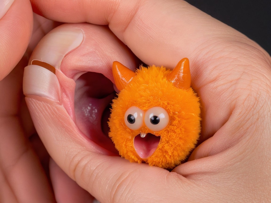 Close-up of a hand holding a fuzzy orange monster toy