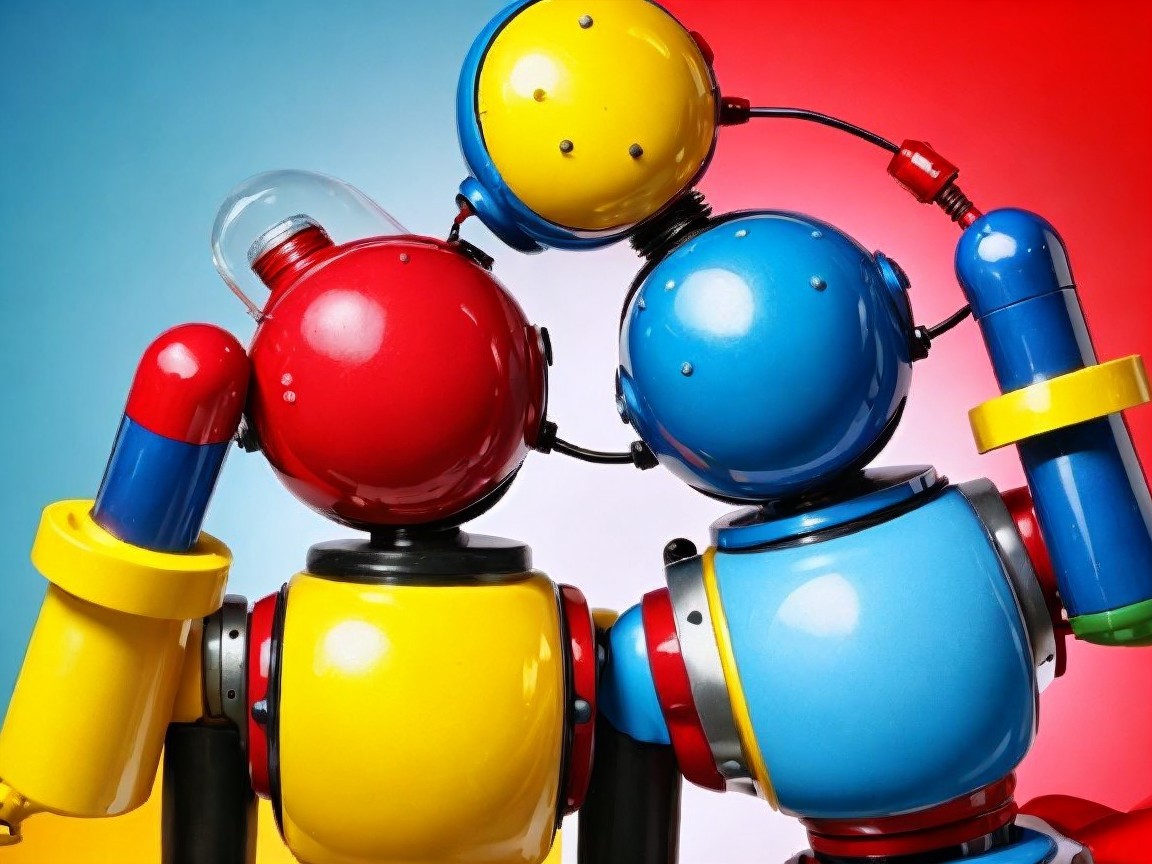 Colorful Robot Figures in Playful Embrace