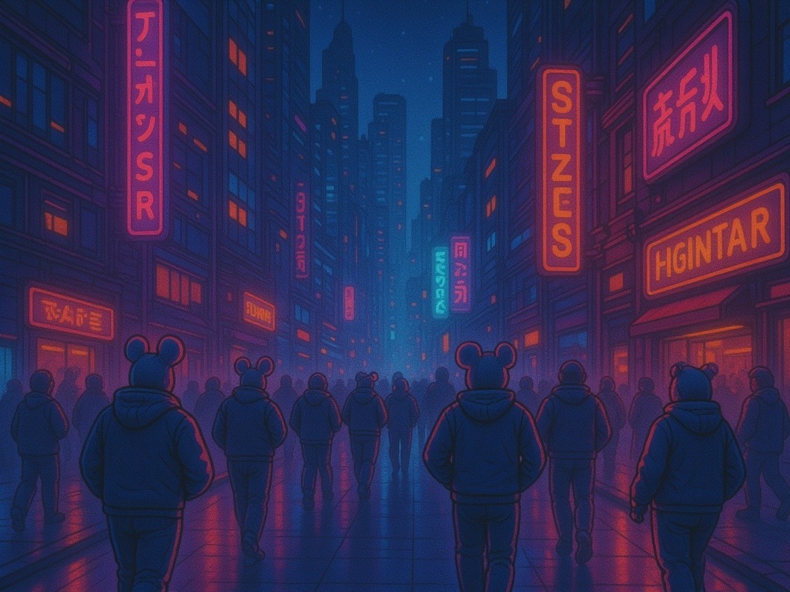 Vibrant Night Cityscape with Neon Signs and Crowds