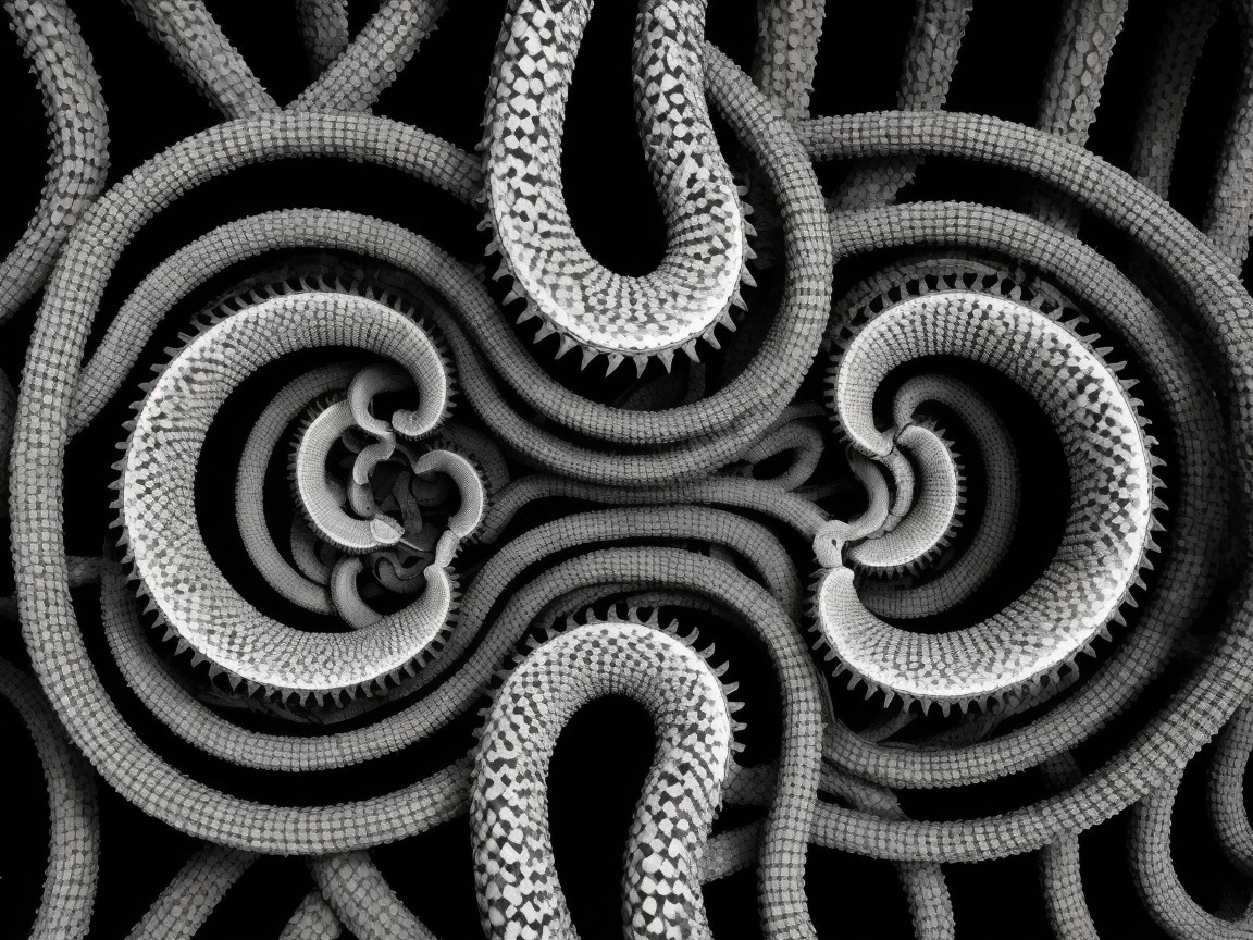 Intricate Black and White Snake-Like Coil Pattern