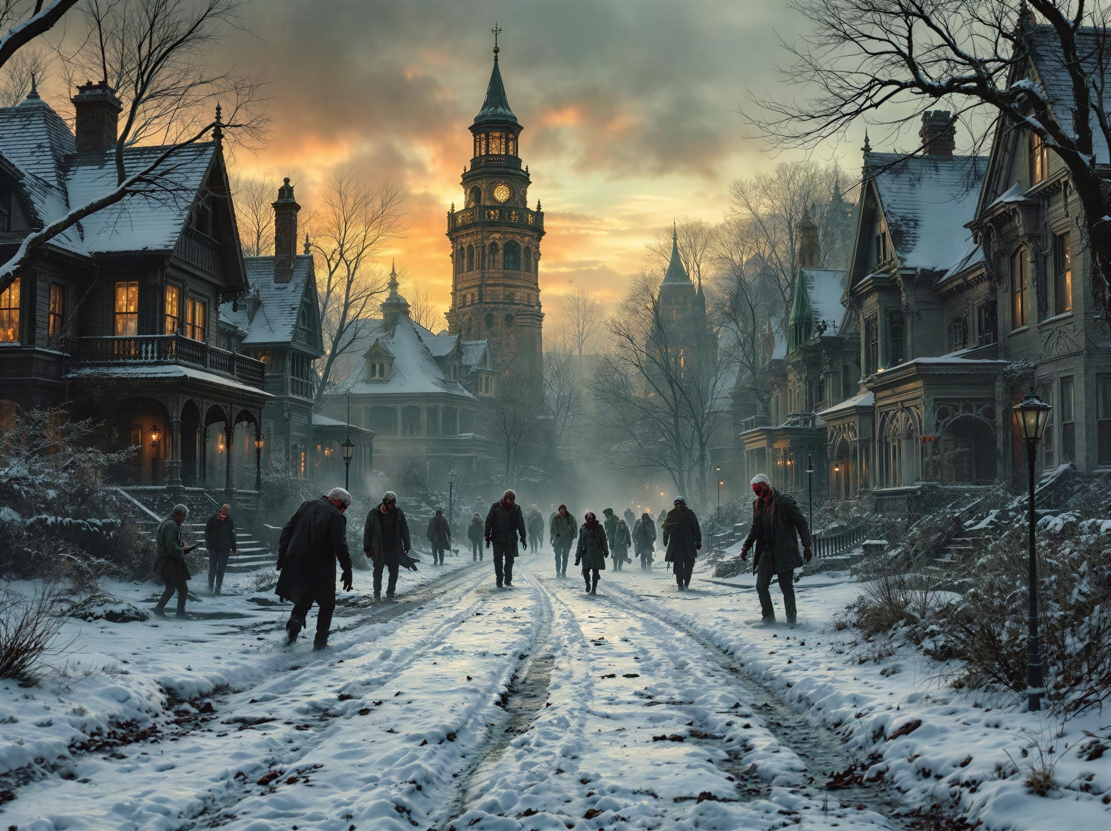 Zombies in a Snowy Apocalyptic Town at Sunset