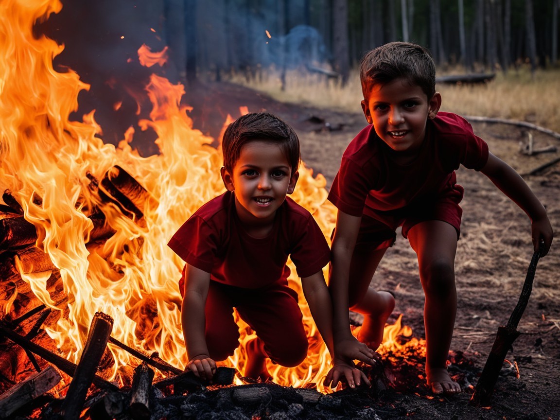 Boys in Red Shirts Play by Campfire in Forest