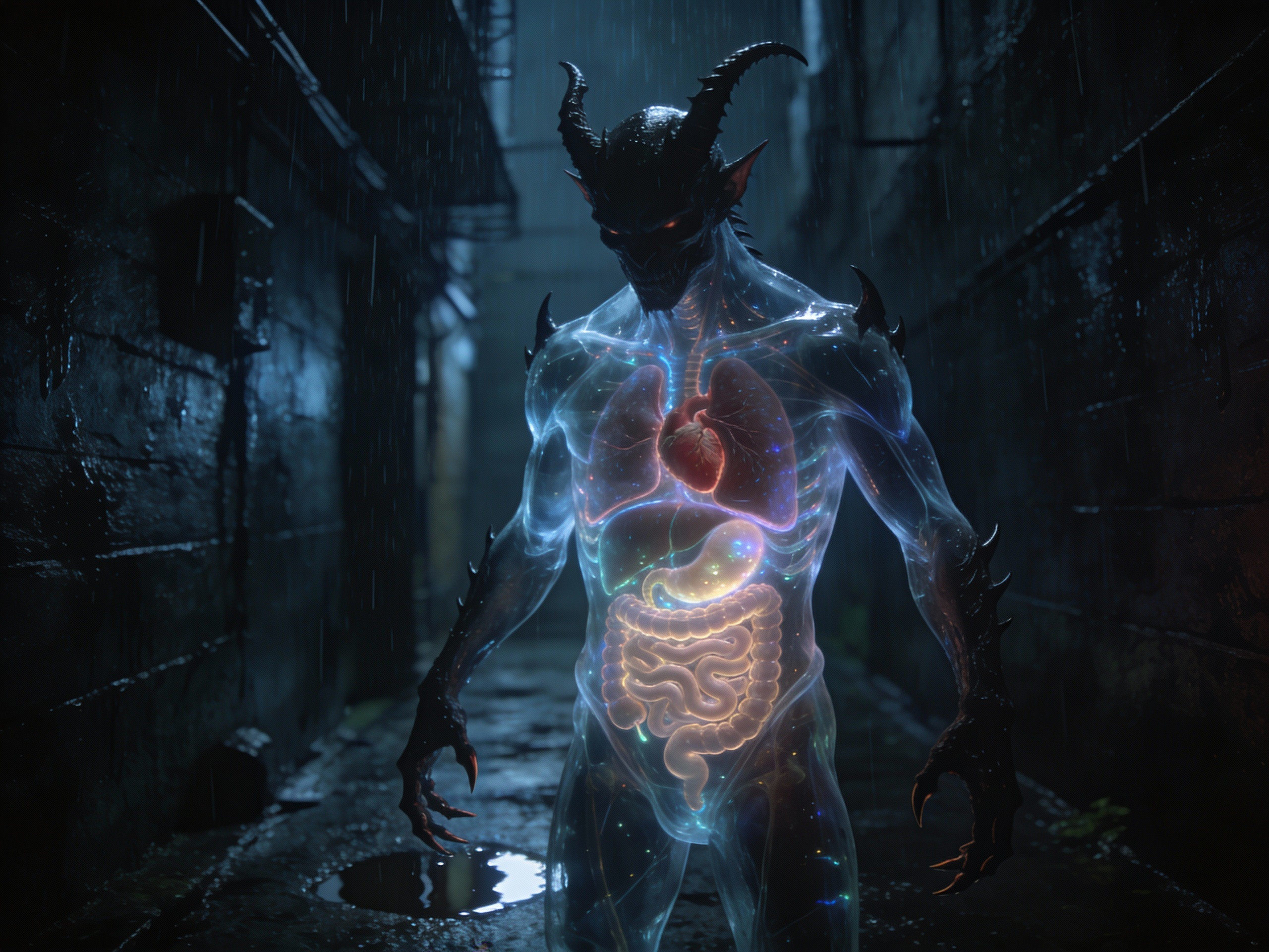 Translucent demon in dark rainy alleyway digital painting