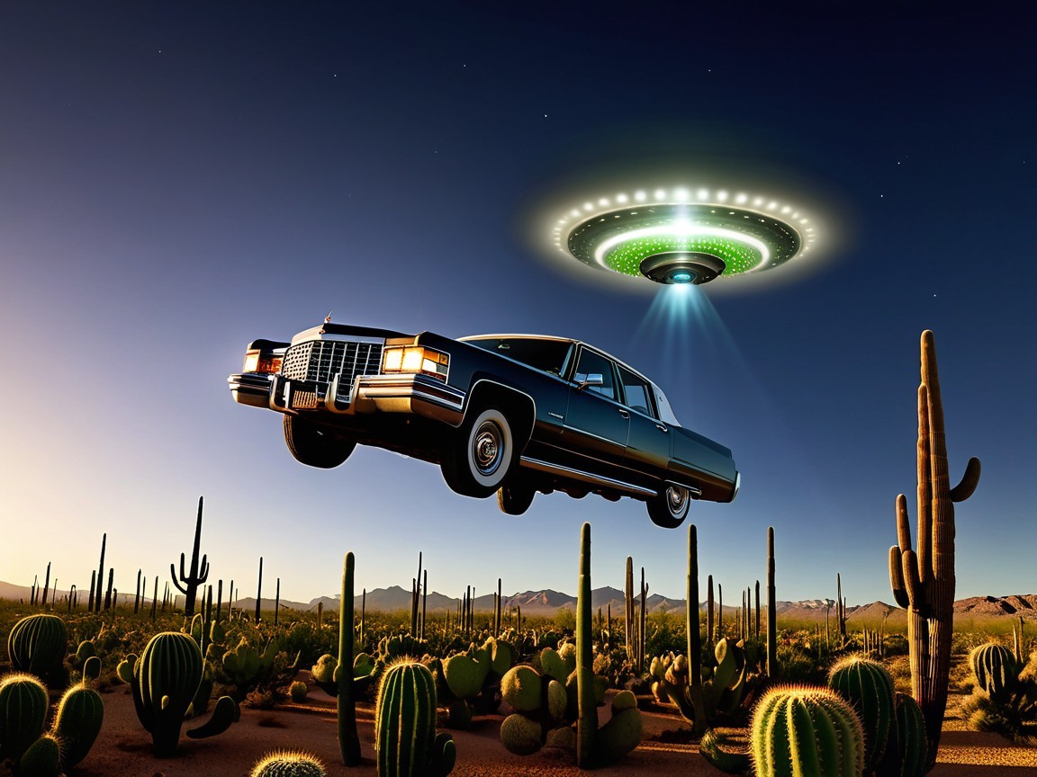 Classic Cadillac in Mid-Air Above Desert Landscape