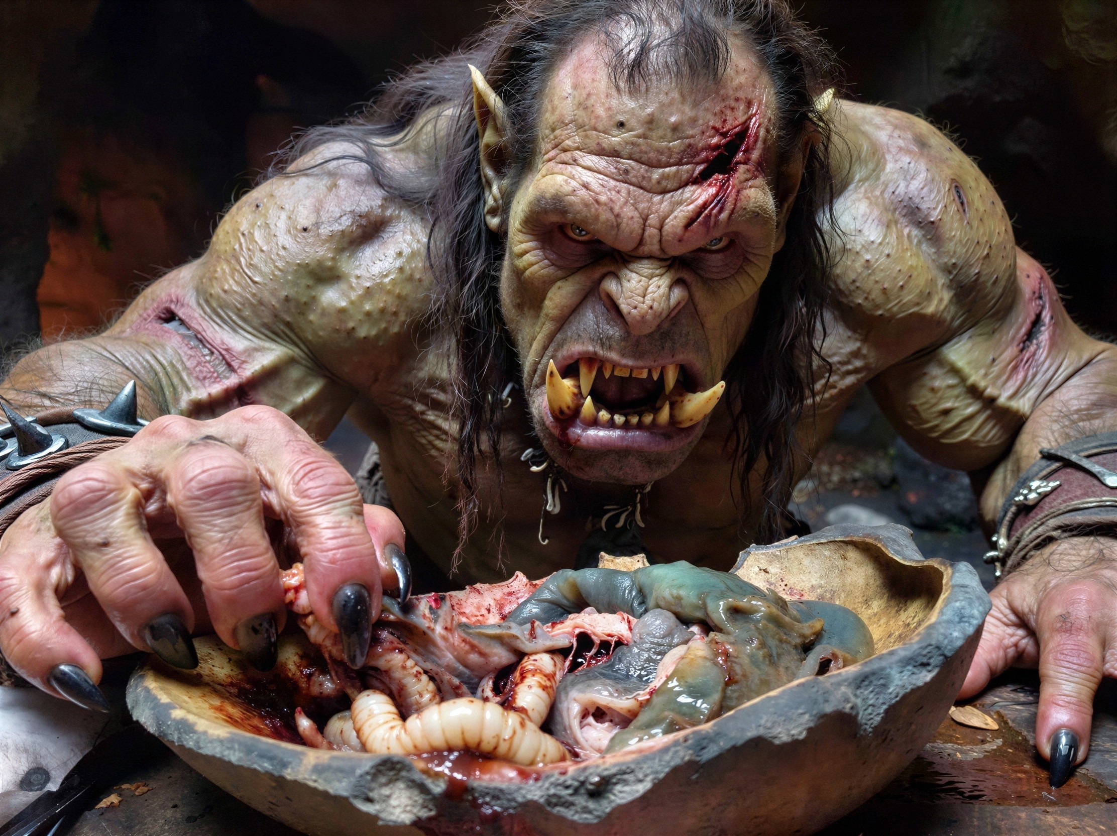 Close-up of a fierce orc with raw meat bowl
