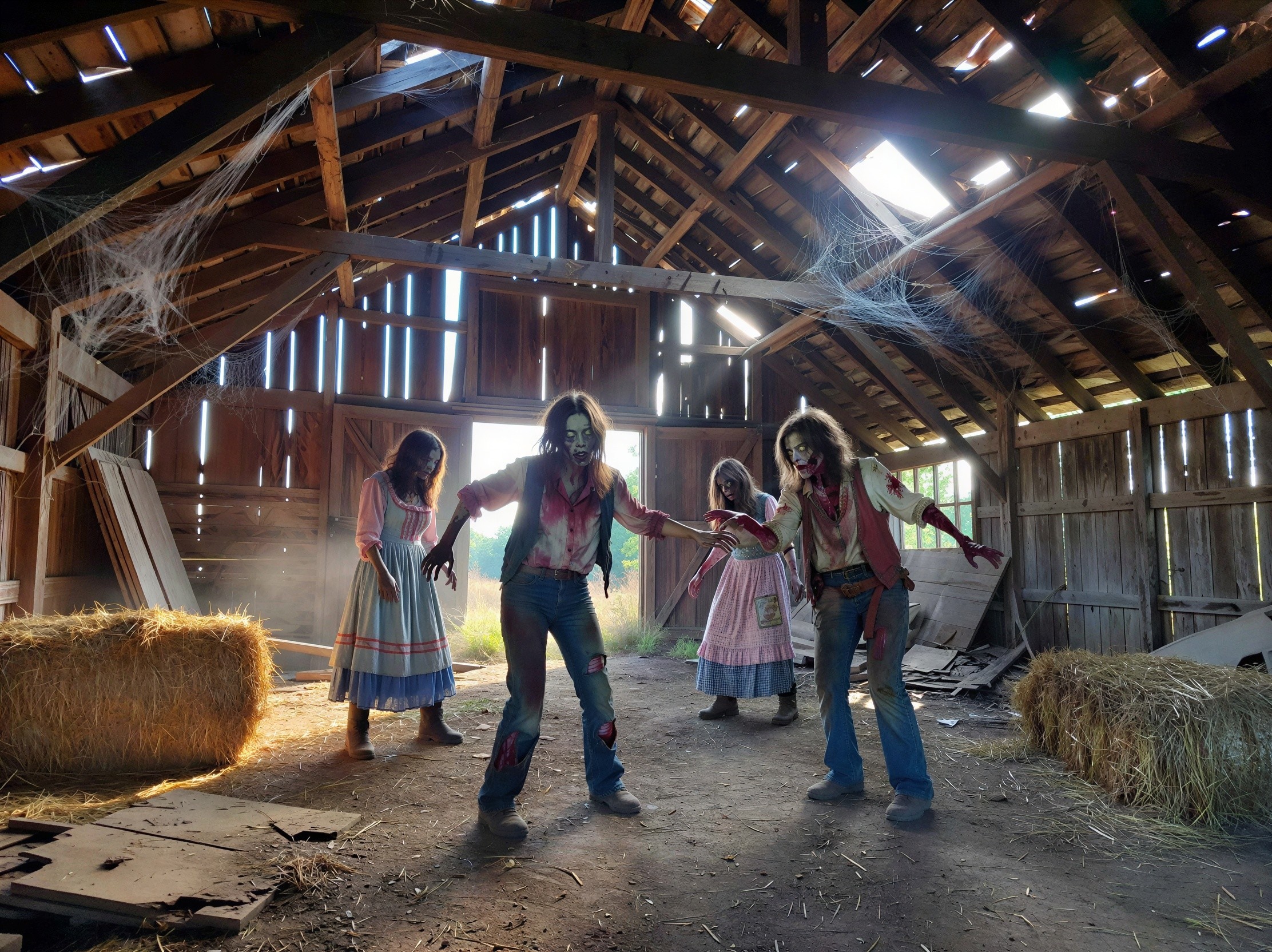 zombie figures in a dilapidated wooden barn setting