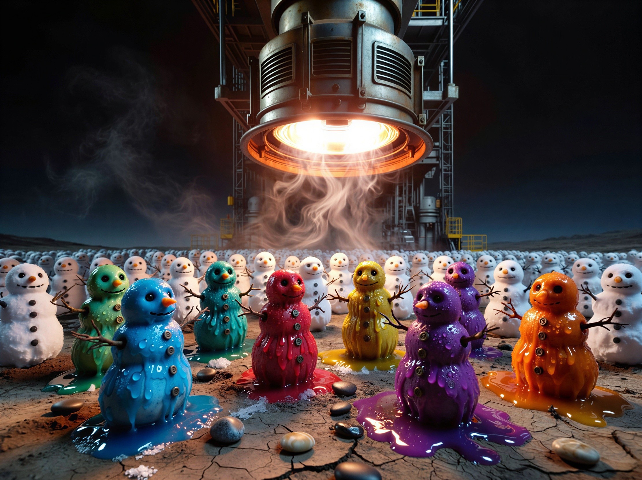 Dramatic Scene of Melting Snowmen Under Heating Lamp