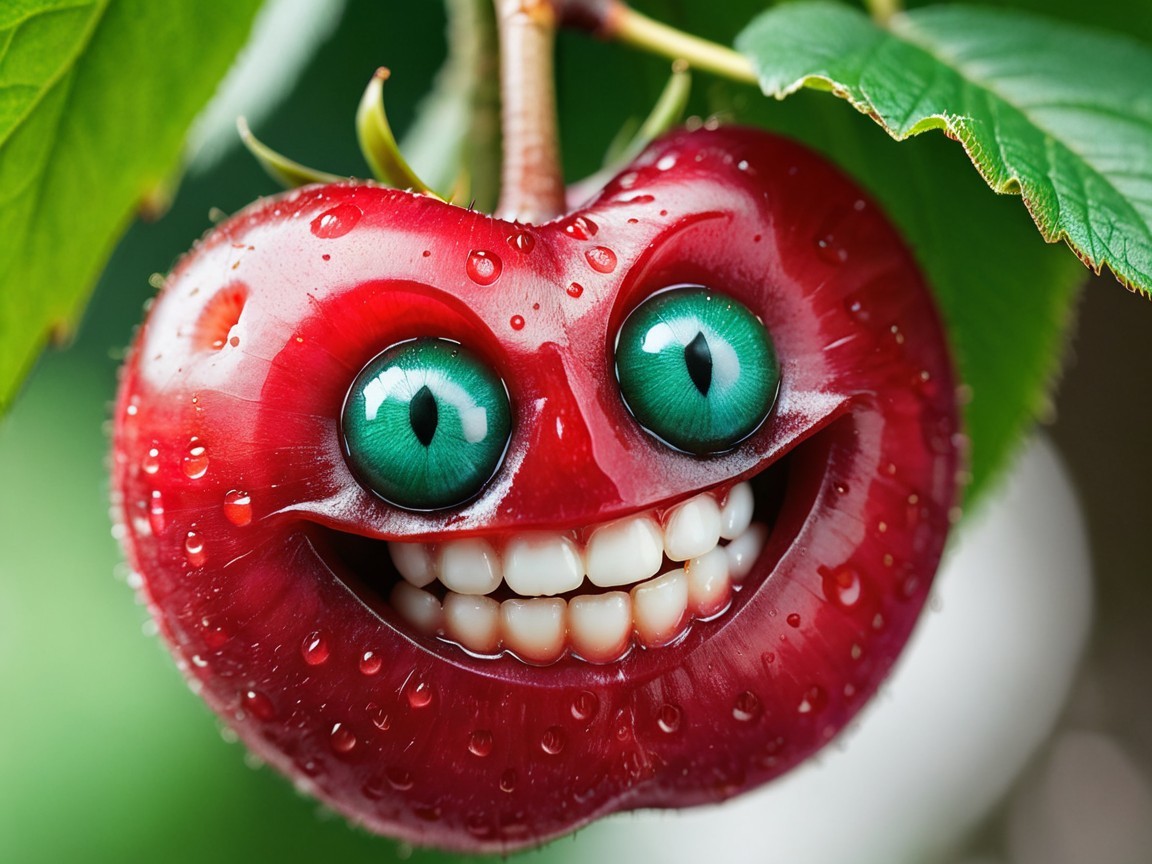 Close-up of a smiling cherry with vibrant features