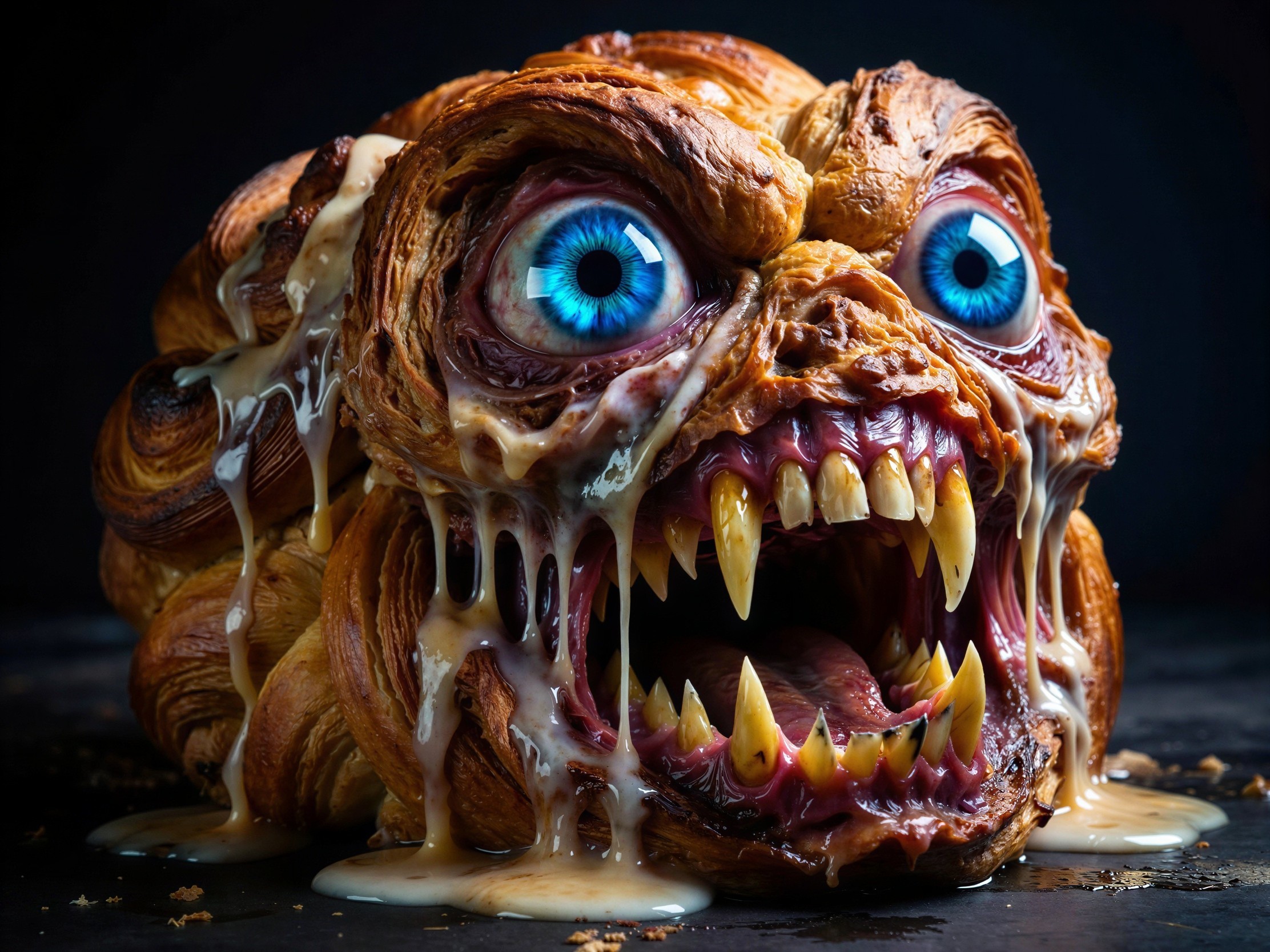 Grotesque Croissant Monster with Icing and Fangs