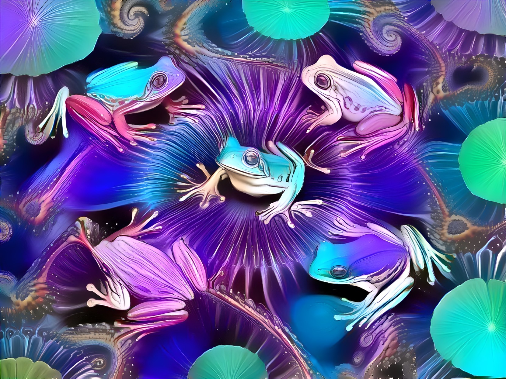 Surreal Composition of Colorful Frogs in Abstract Setting