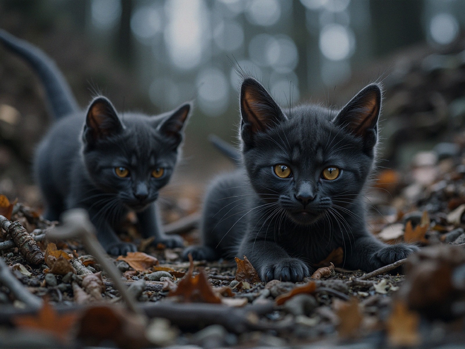 Black Kittens Exploring a Leafy Forest Floor