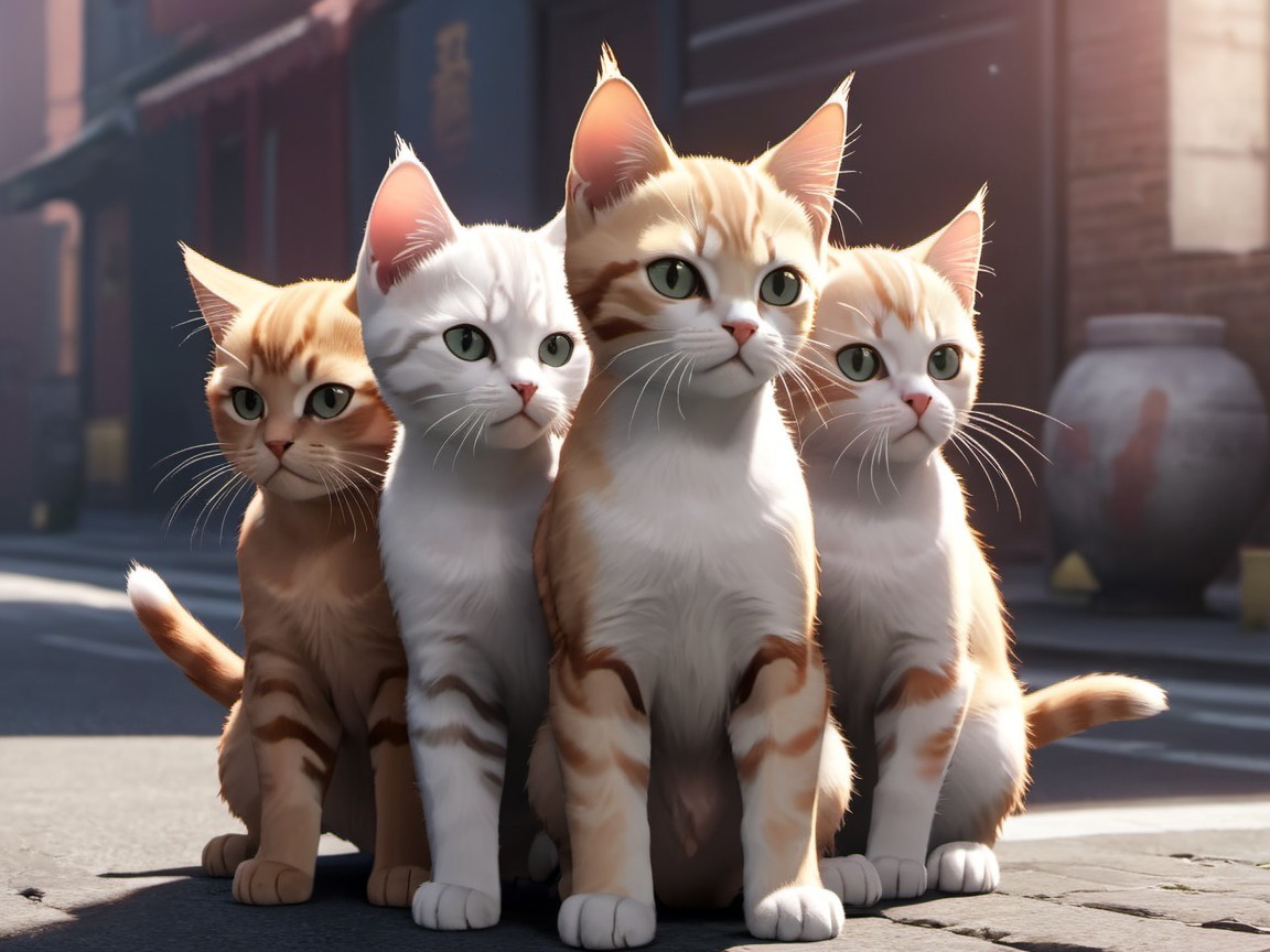 Four Cartoon Kittens on a City Street Scene