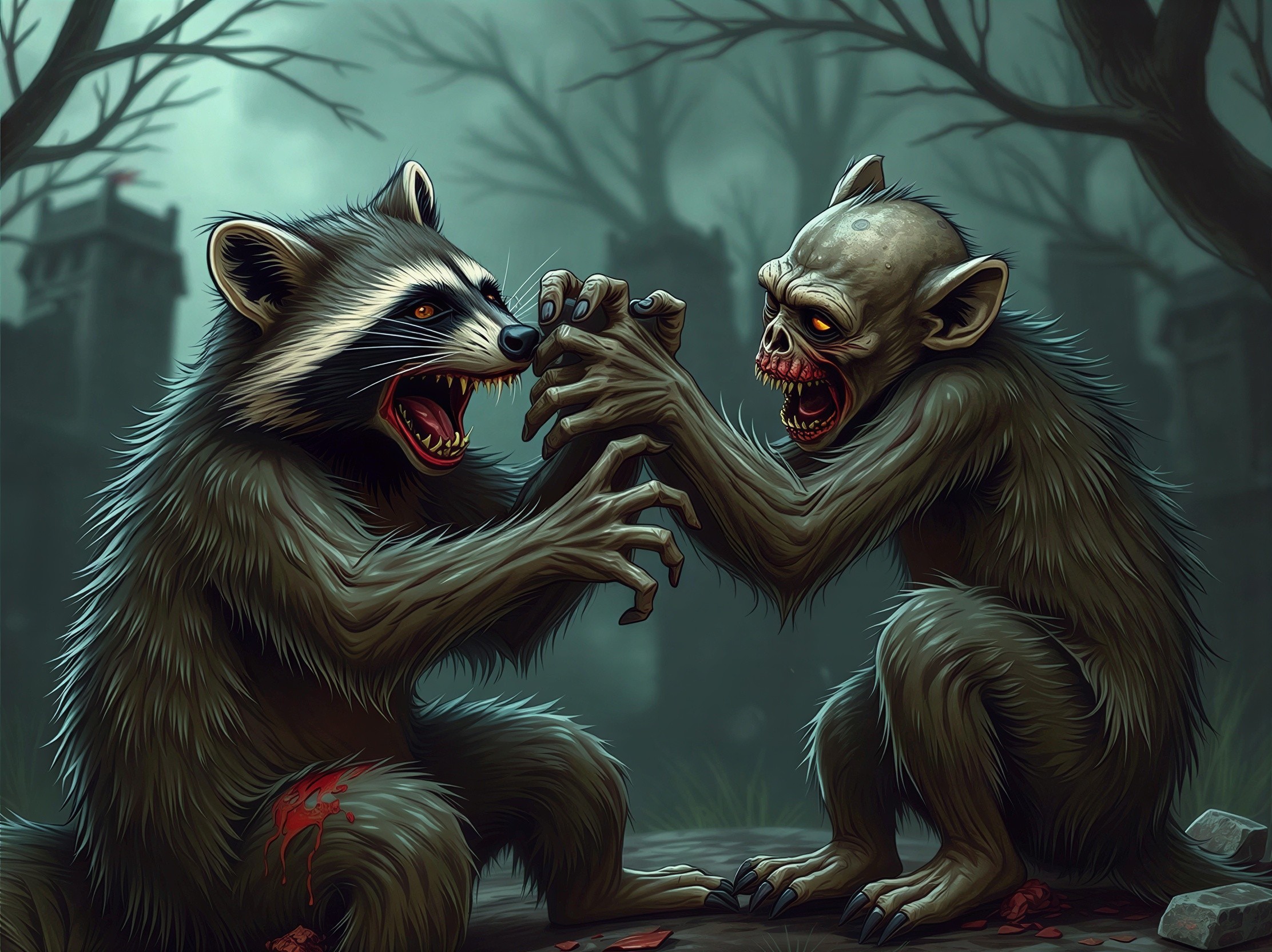 Monsters Battle in Dark Forest with Gothic Silhouettes