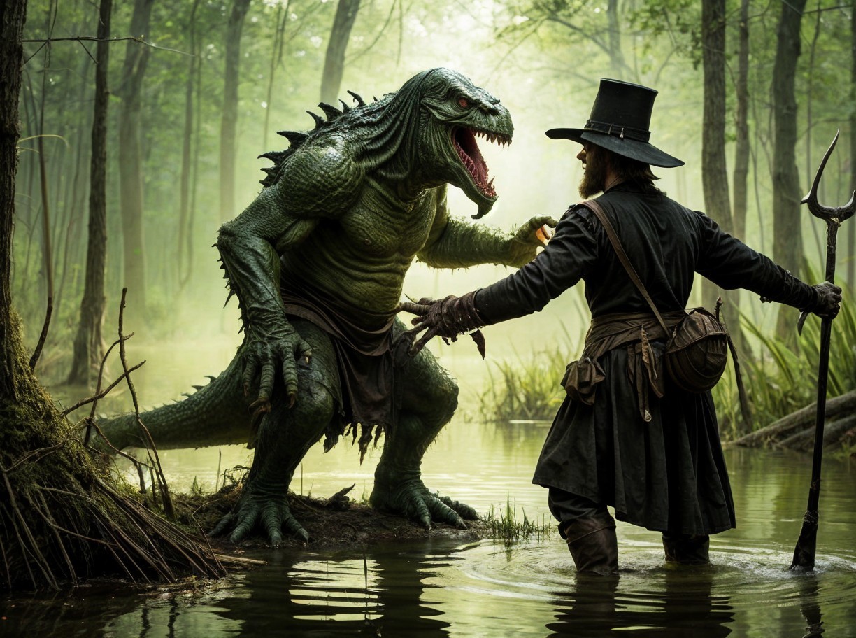 Adventurer in Swamp with Mythical Creature Encounter