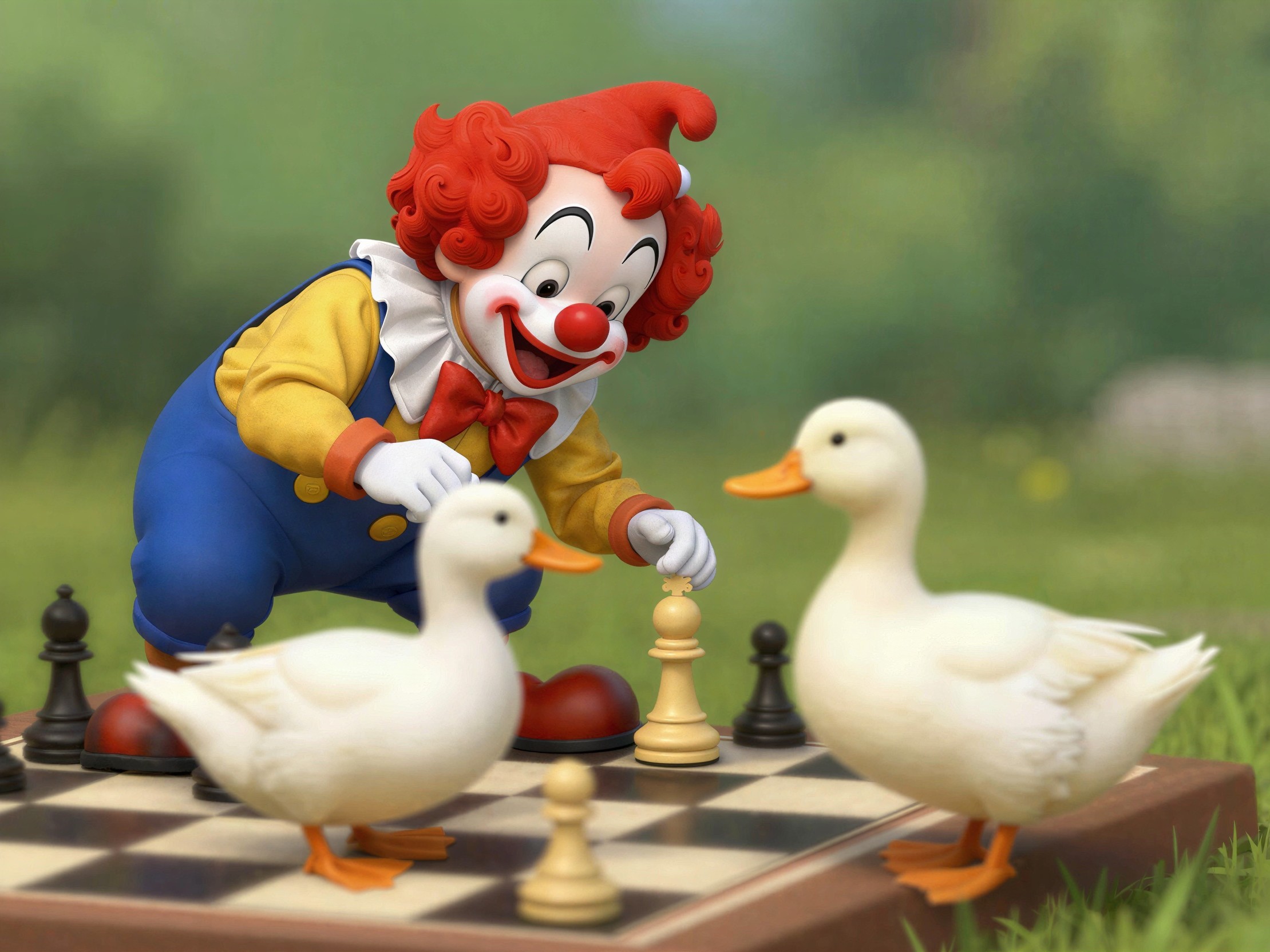 Clown Playing Chess Outdoors with Ducks and Greenery