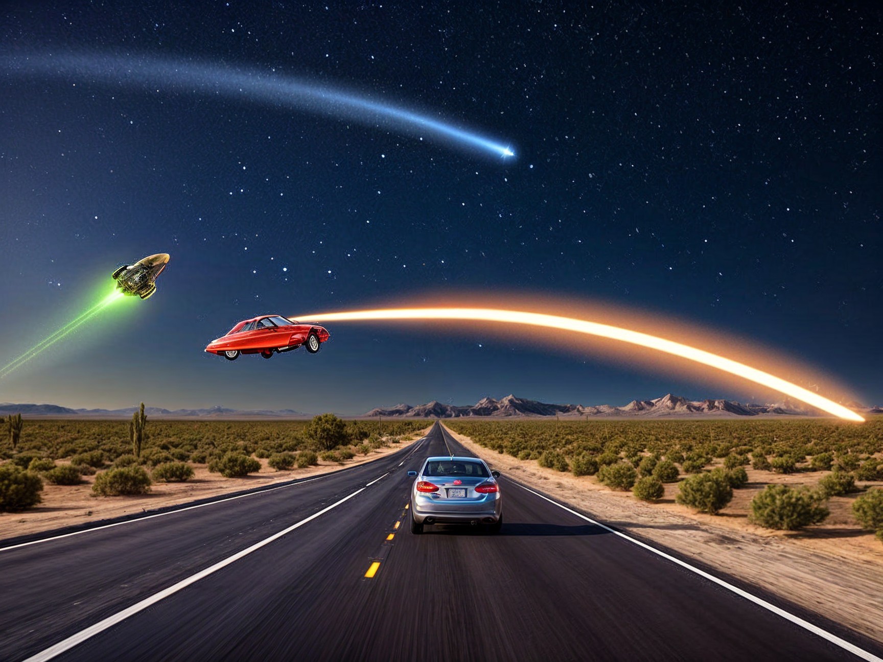 Surreal Night Scene of Car and Spacecraft in Sky