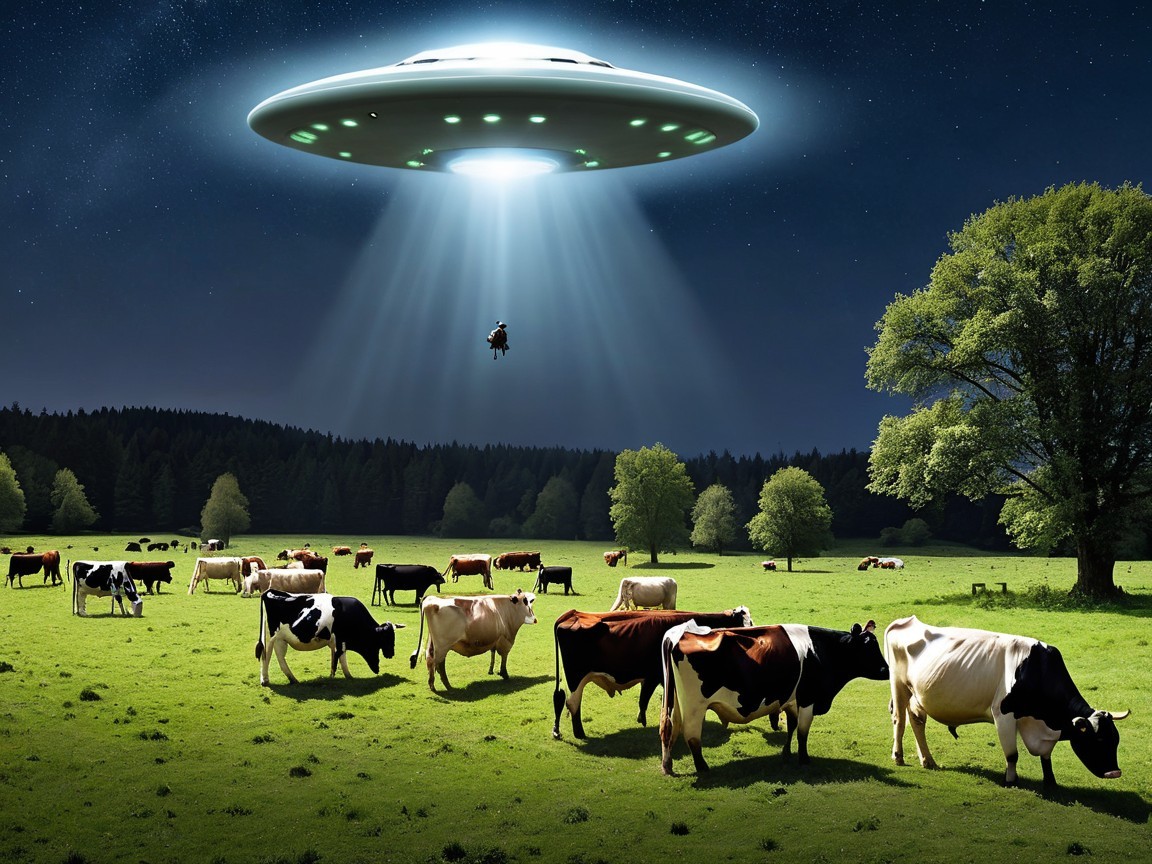 Surreal Night Scene of Cows and UFO on Farm