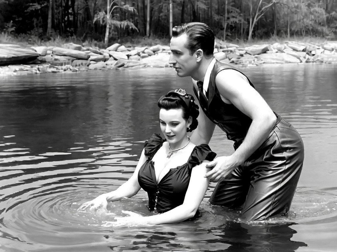 Couple in 1930s Attire by Serene Water Scene