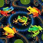 Surreal Composition of Colorful Frogs in Abstract Setting