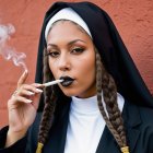 Nun in Black Habit with Bold Makeup and Smoke