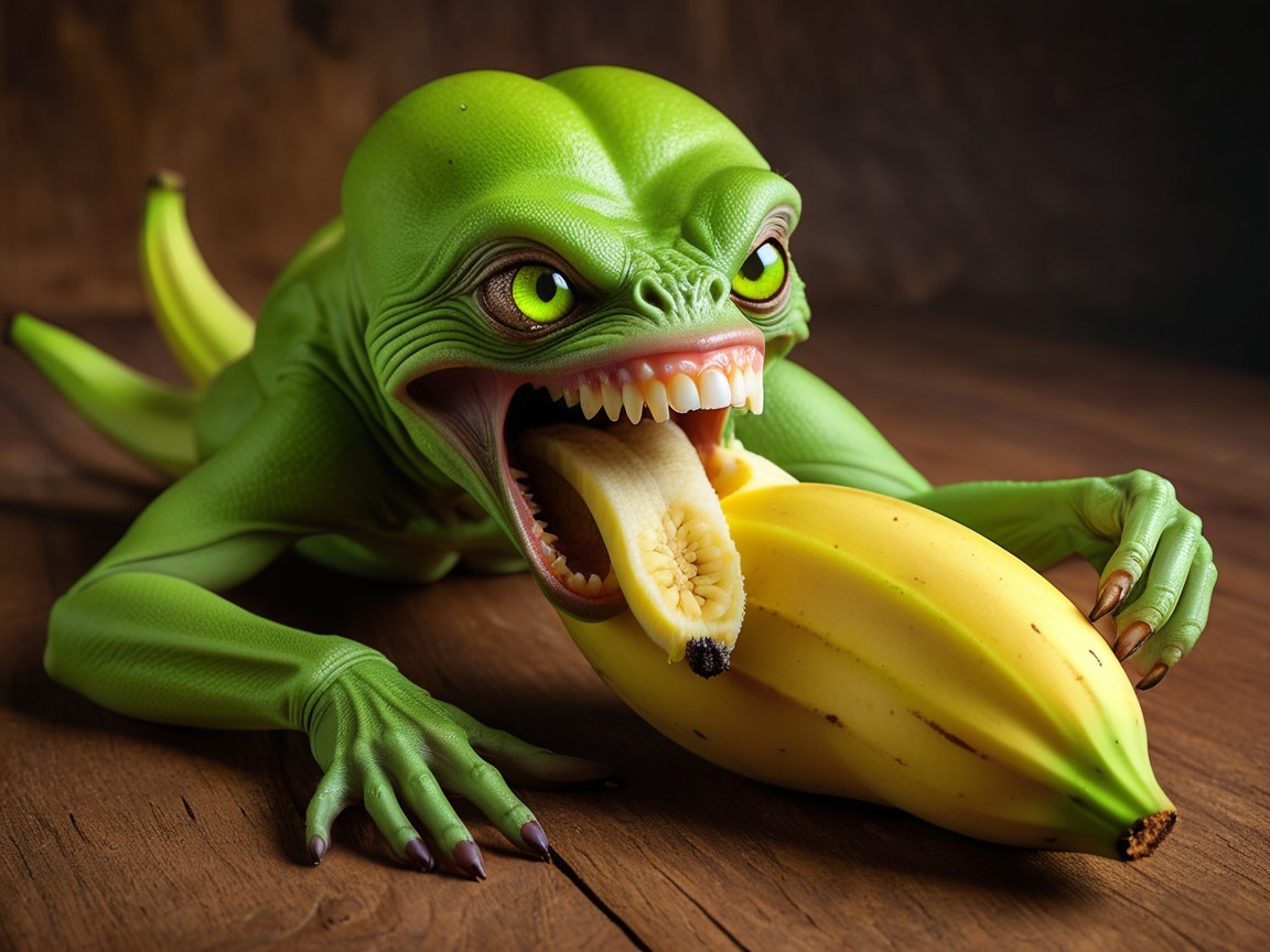 Whimsical Green Lizard Creature Eating a Banana