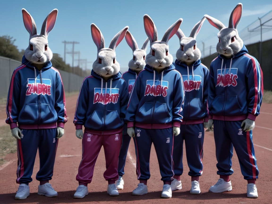 Humanoid Figures with Rabbit Heads in Tracksuits on Track