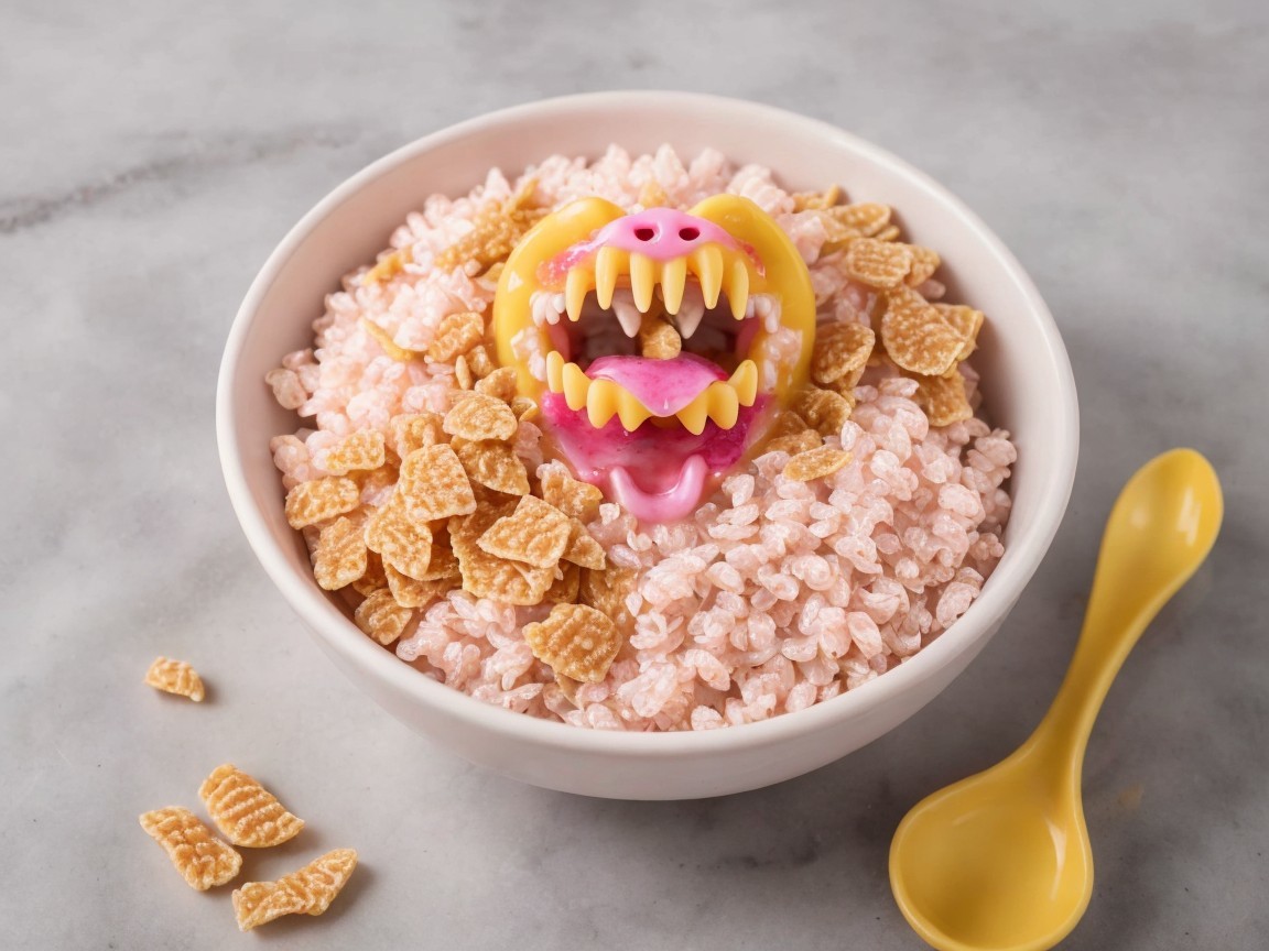 White Bowl of Pink Cereal with Yellow Monster and Spoon