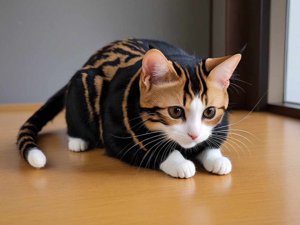 Marbled Bengal Cat on Wooden Floor with Gray Wall