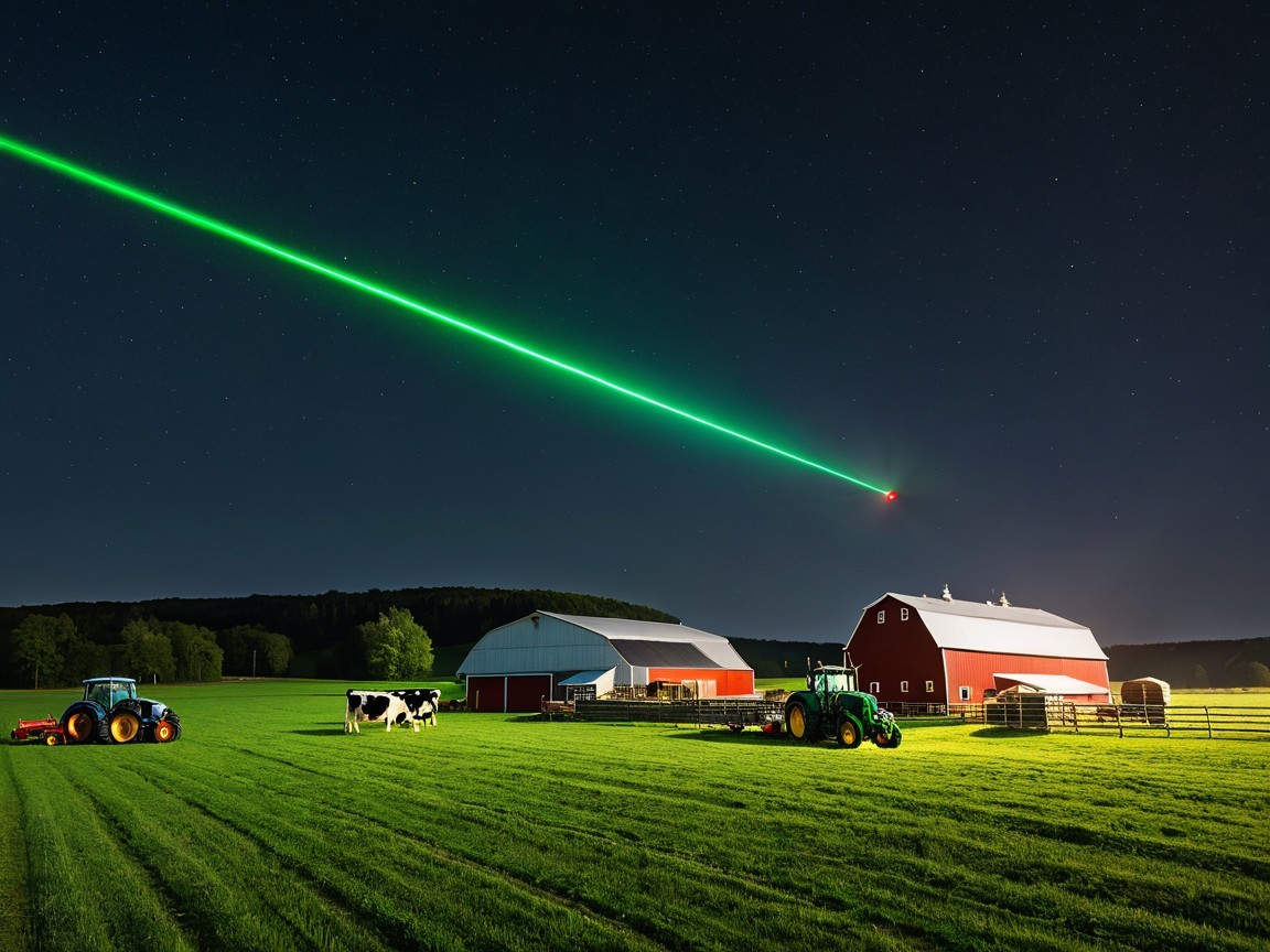 Nighttime Farm Scene with Green Laser and Starry Sky