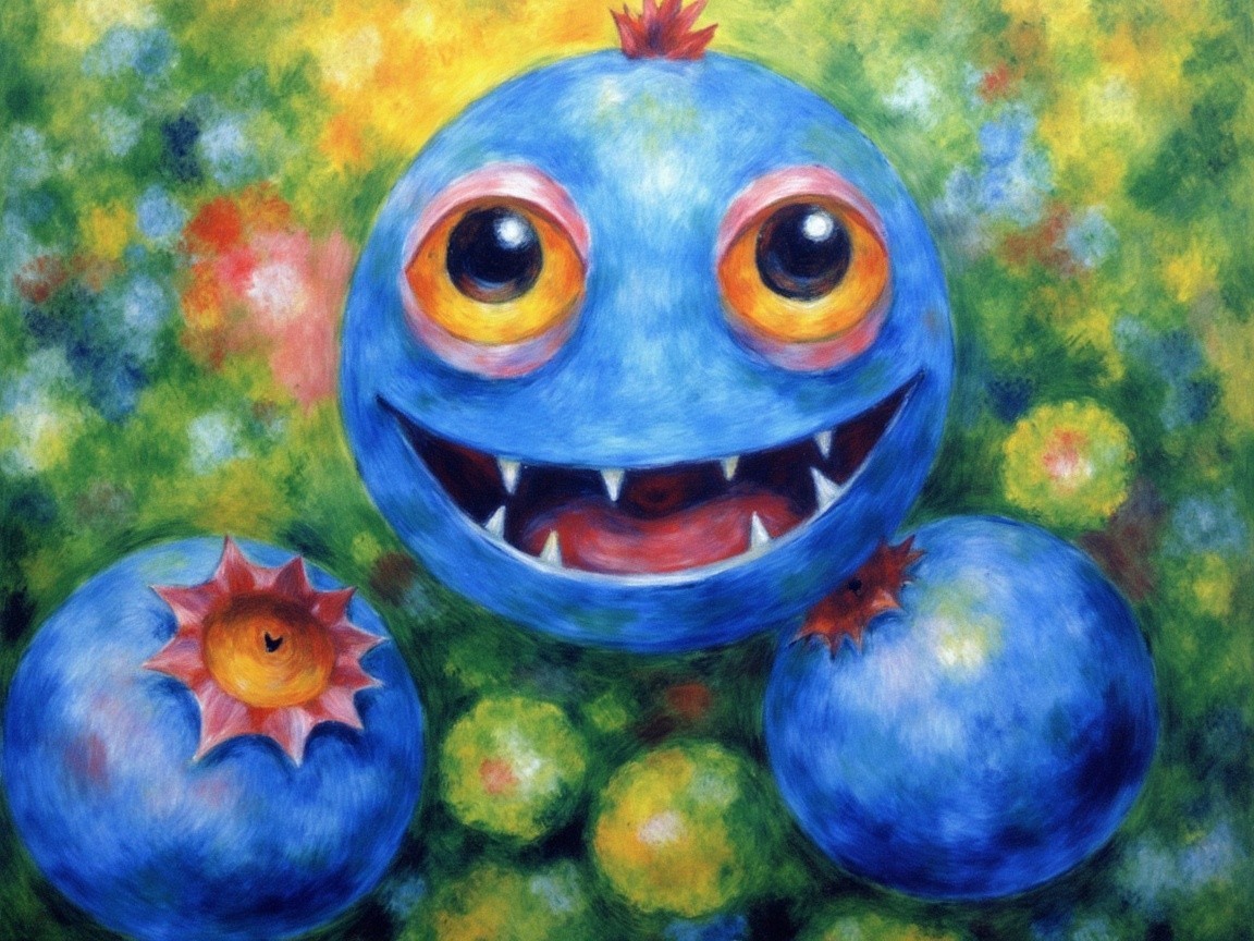 Cartoonish Blue Creature with Floral Background