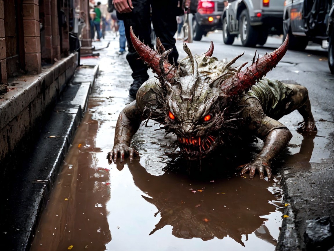 Hyperrealistic still of a horned monster in a city