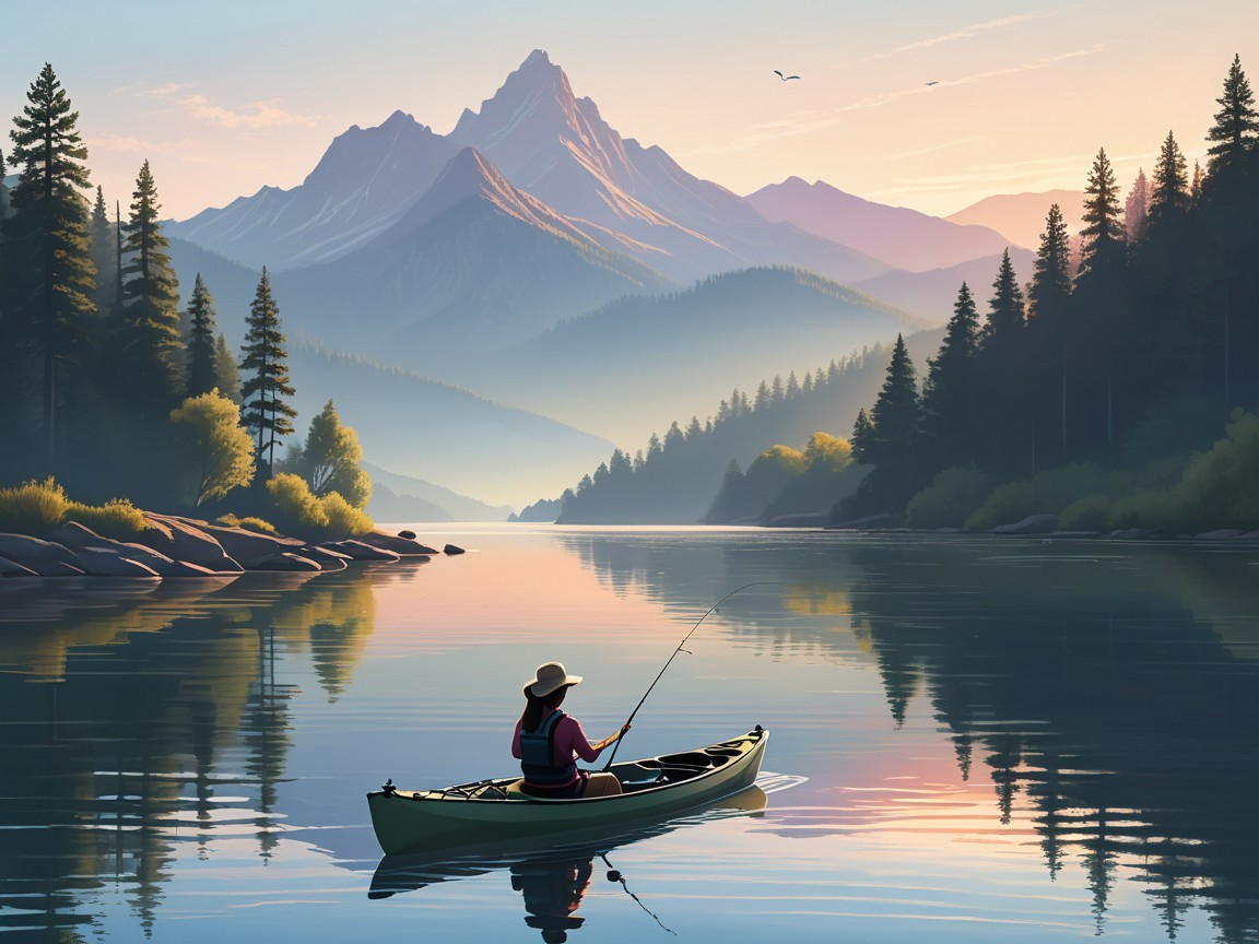 Serene landscape with lake, mountains, and kayaker