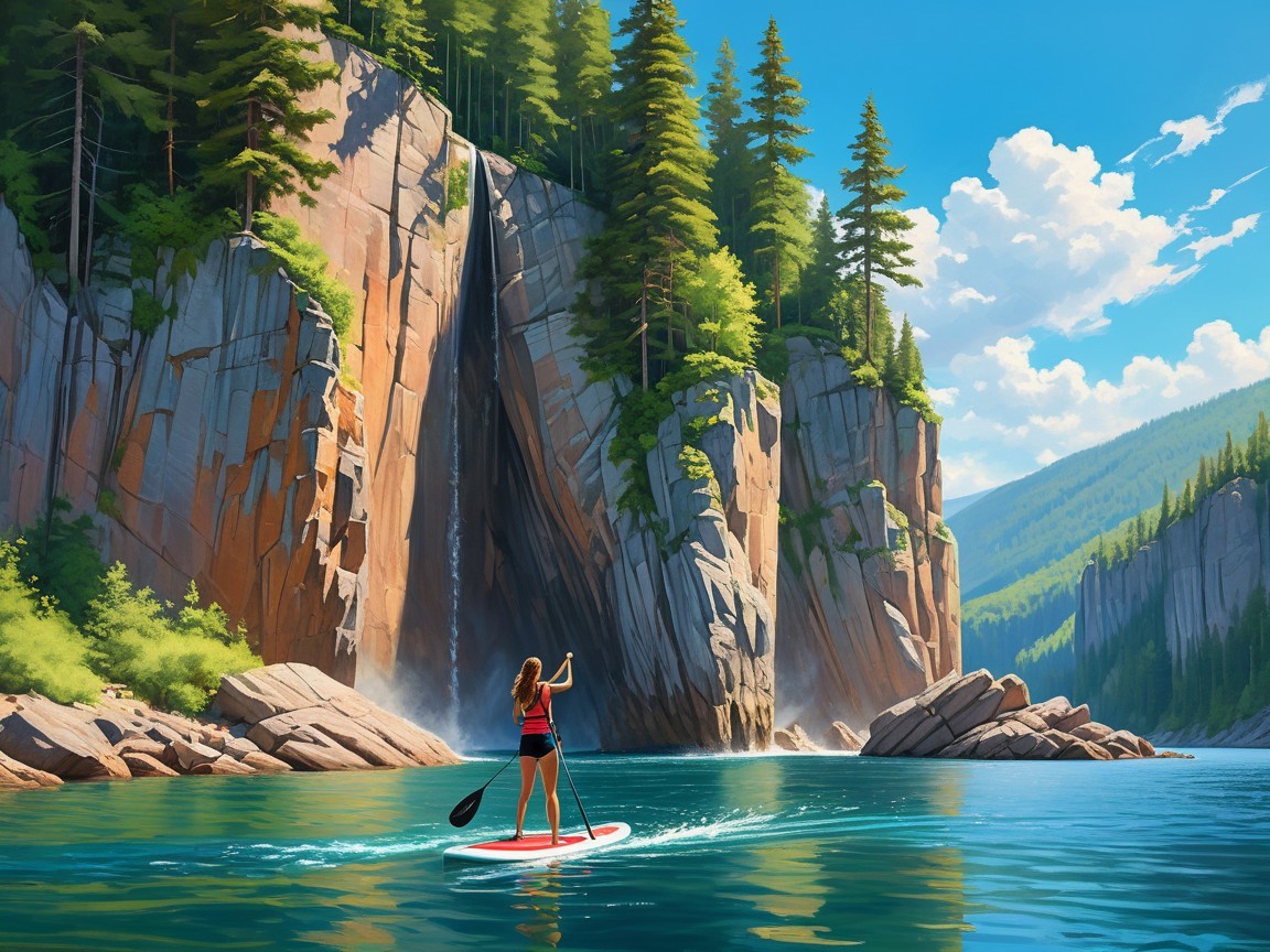Paddleboarding on a Tranquil Lake with Cliffs and Waterfall