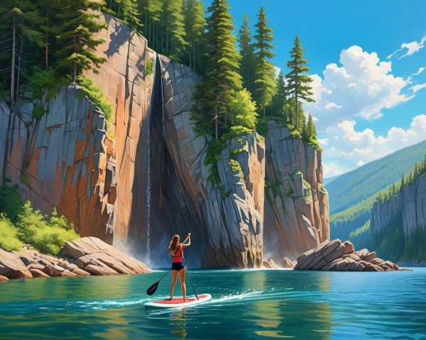 Paddleboarding on a Tranquil Lake with Cliffs and Waterfall