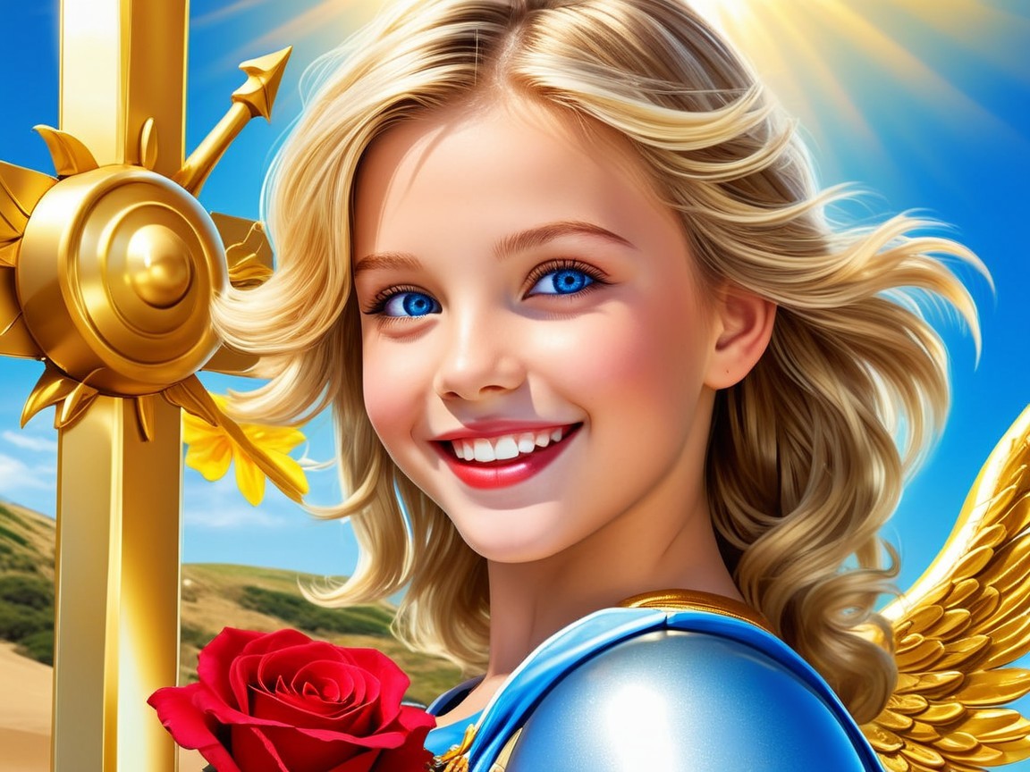 Young girl in celestial armor with gold accents