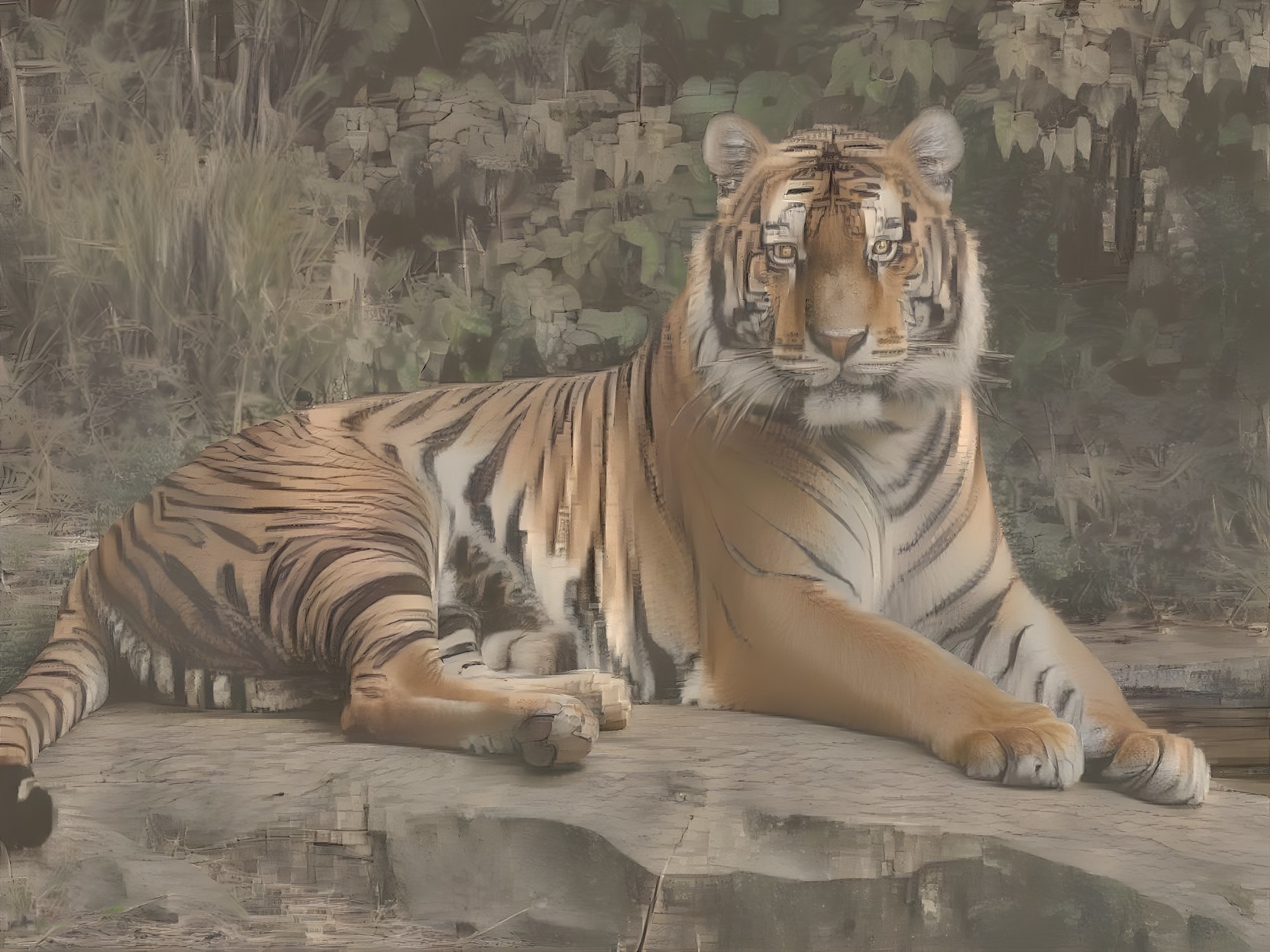Majestic tiger resting on rock with striking stripes