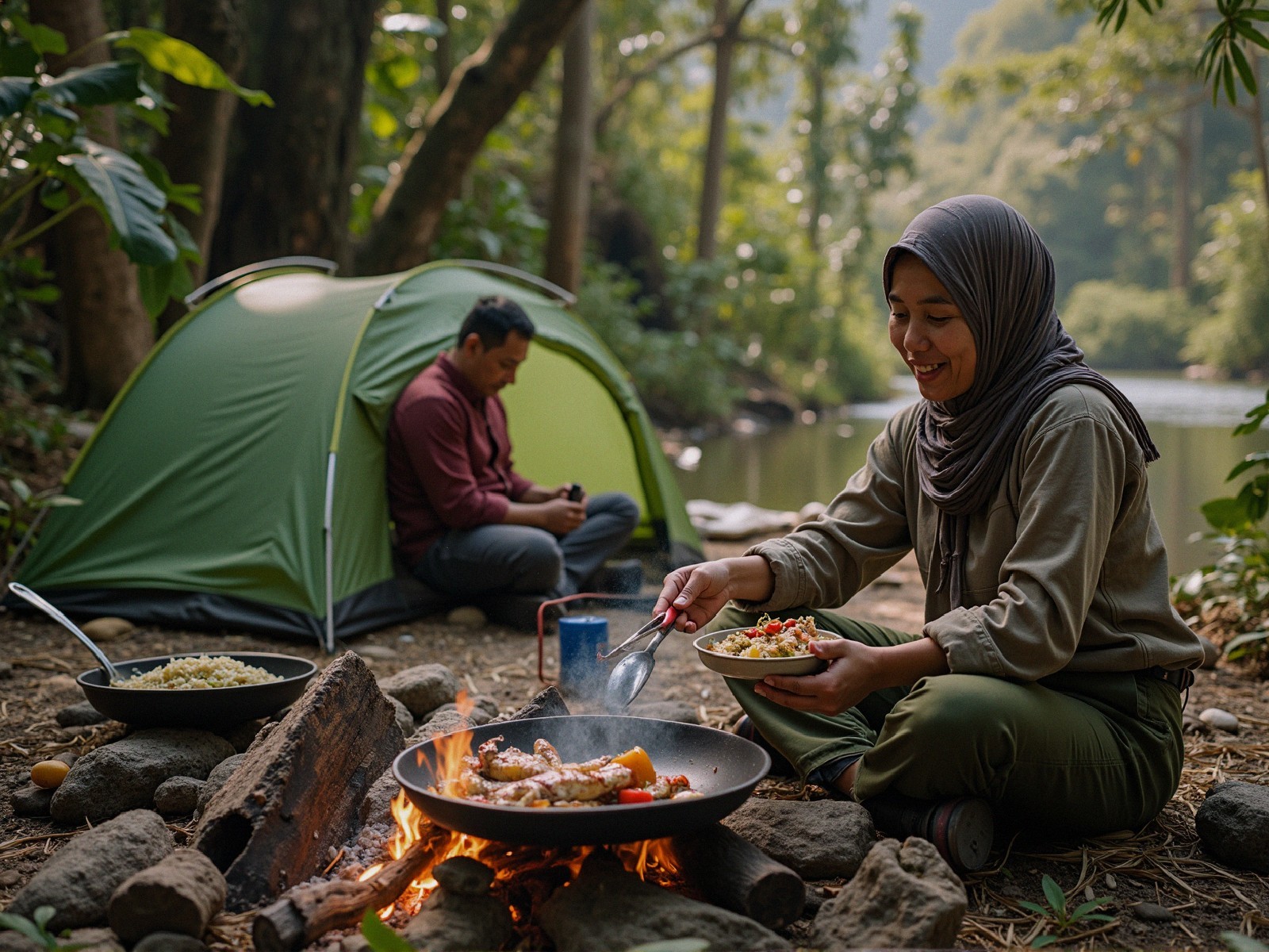 Woman Cooking by Campfire in Forested Setting
