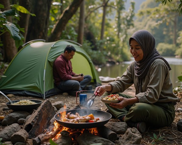 Woman Cooking by Campfire in Forested Setting