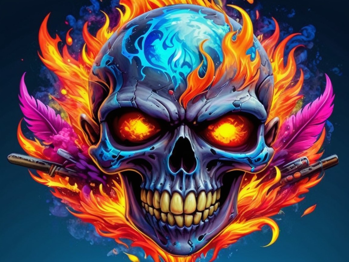 Vibrant Skull Illustration with Flames and Feathers
