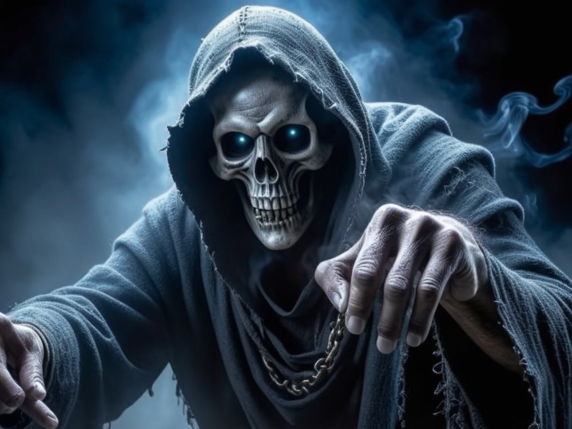 Menacing Figure in Dark Robes with Glowing Eyes